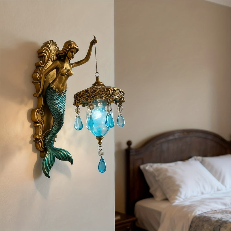 Moktan Sabai Mermaid Wall Sconce – Ocean Theme Crystal Lantern Light for Bedroom & Bathroom