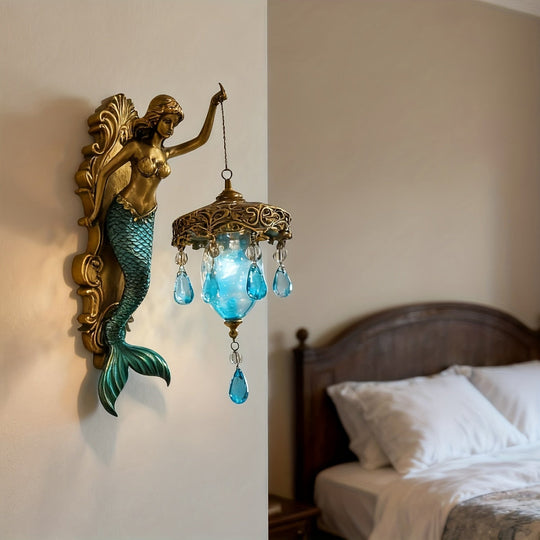 Moktan Sabai Mermaid Wall Sconce – Ocean Theme Crystal Lantern Light for Bedroom & Bathroom