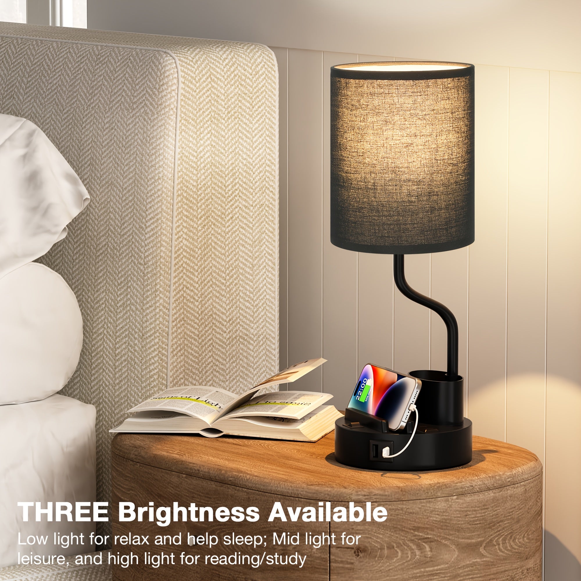 Moktan Sabai Set of 2 Bedside Lamps – USB-C+USB-A & Outlet, 3-Color Modern Nightstand Lights
