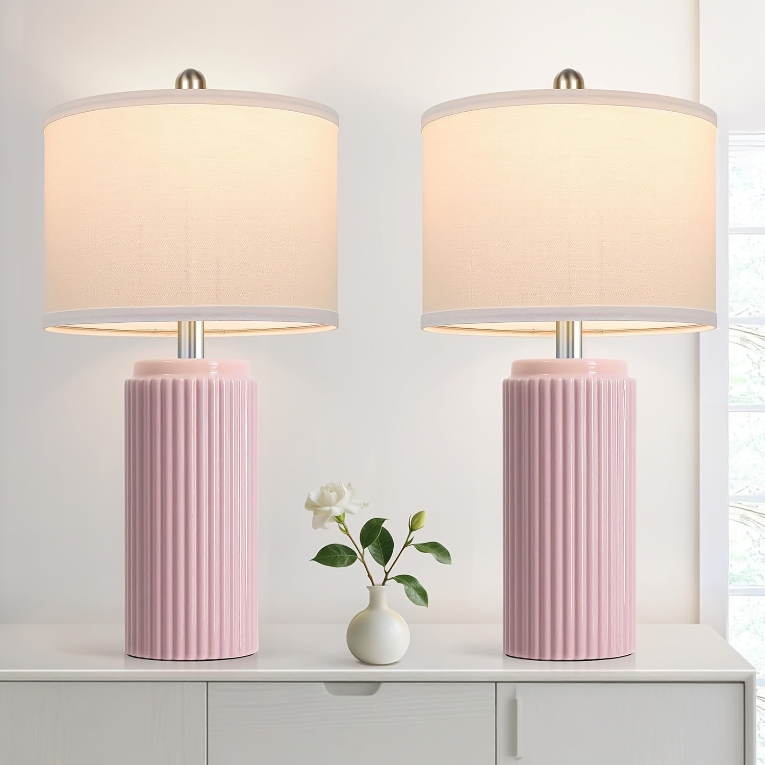 Moktan Sabai Farmhouse Table Lamps Set of 2 – Ceramic Base Bedside Lamps for Bedroom & Living pink