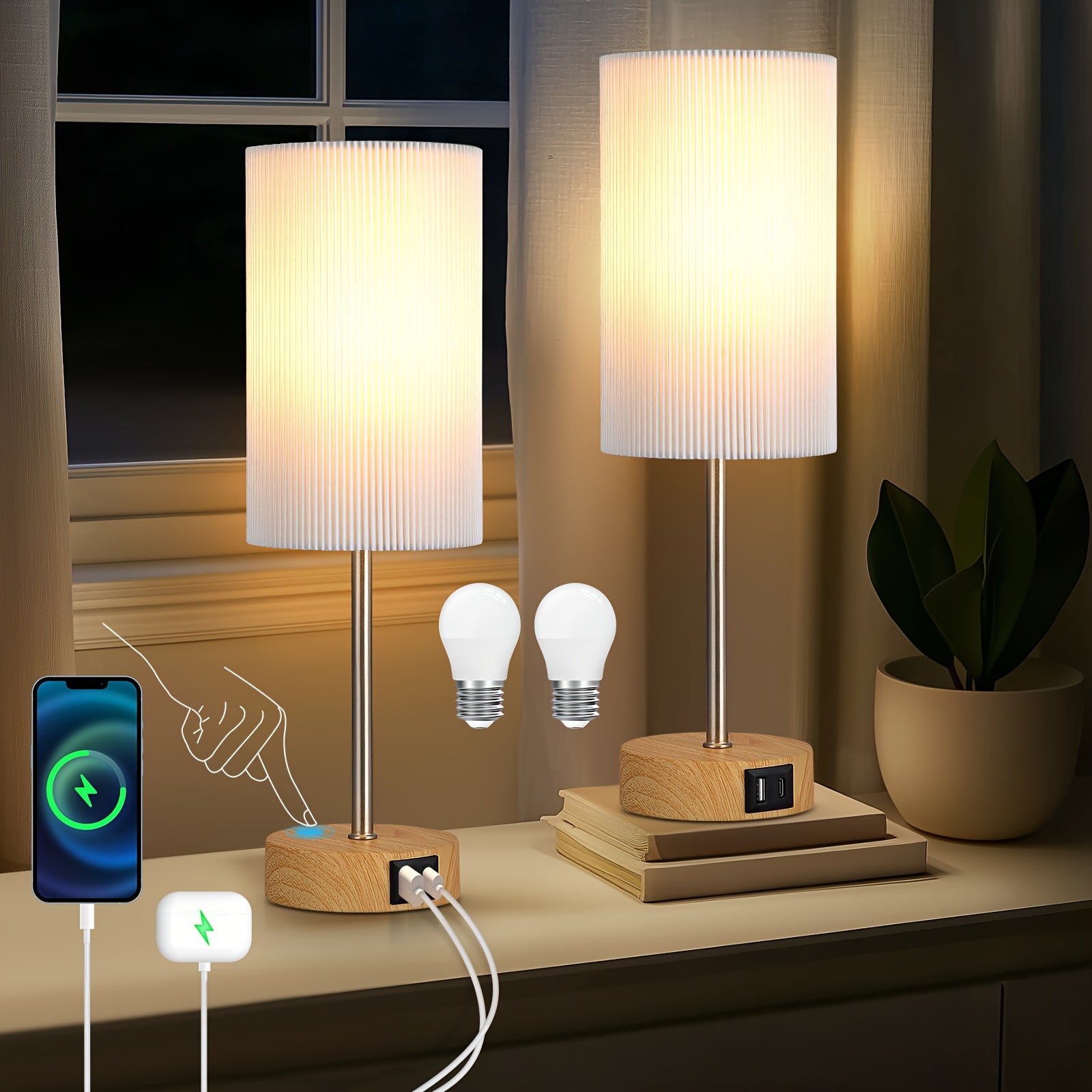 Moktan Sabai 2-Pack Touch Control USB Table Lamps – 3-Way Dimmable LED Bedside Light Set 2 Pack - White Pleated Shade