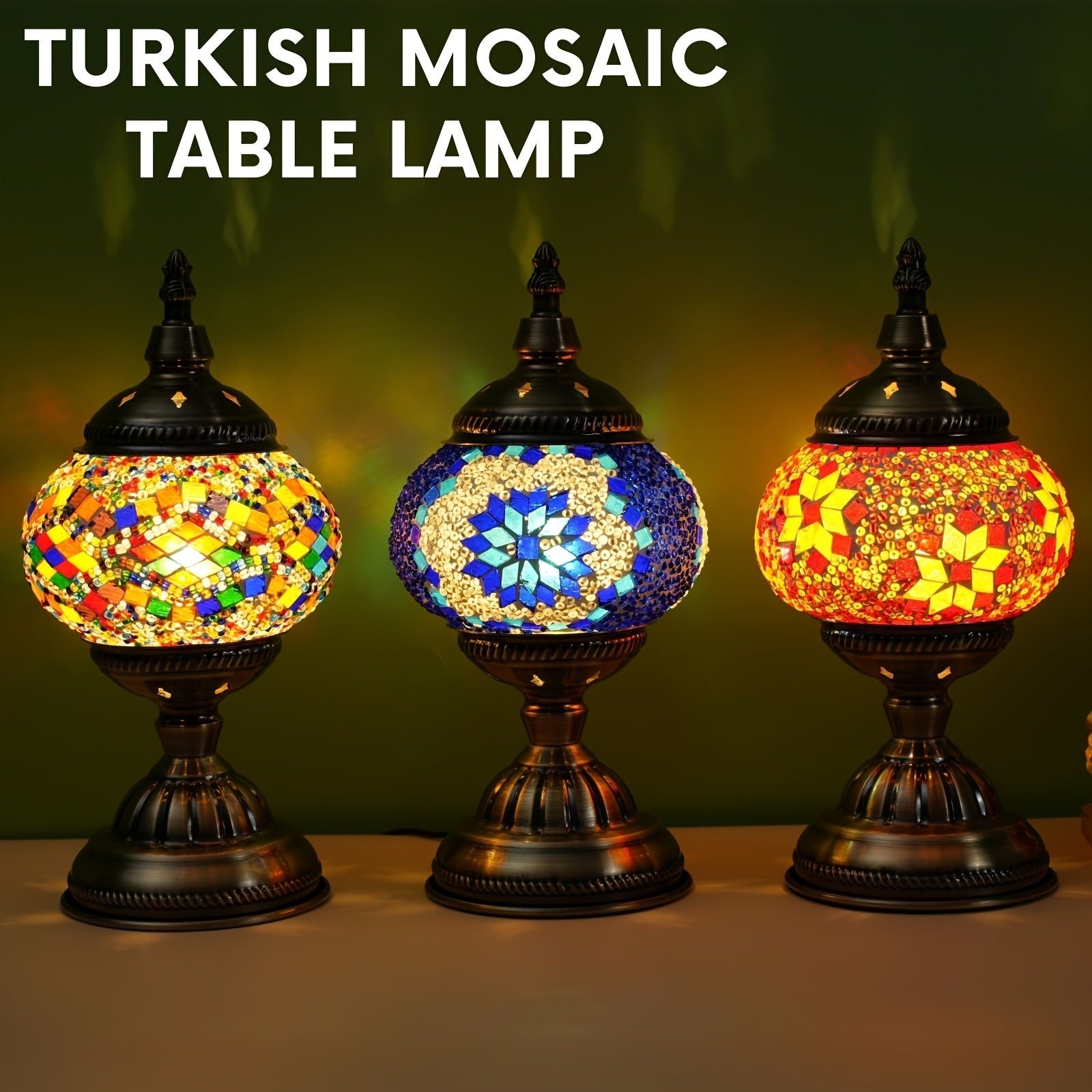 Moktan Sabai Handmade Turkish Mosaic Lamp – Dimmable Glass Pumpkin Night Light for Bedroom
