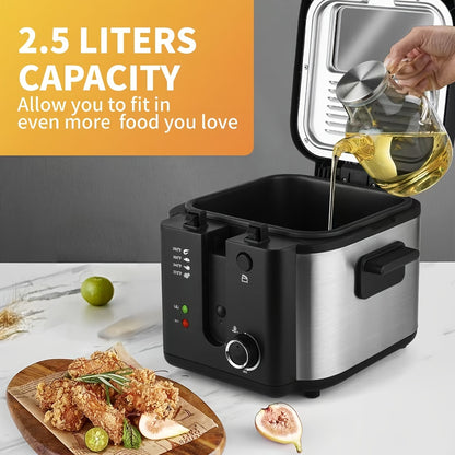 1500W Electric Deep Fryer with Basket, 84.5oz Family Size, Adjustable Temp & Easy Clean