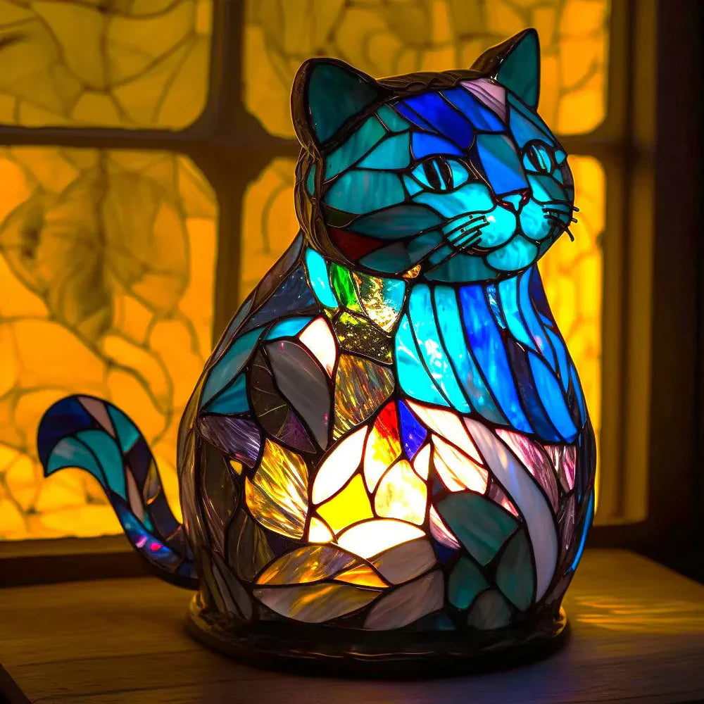 Moktan Sabai Tiffany Style Animal Table Lamp Stained Glass Bedside Light E26/E12 Cat