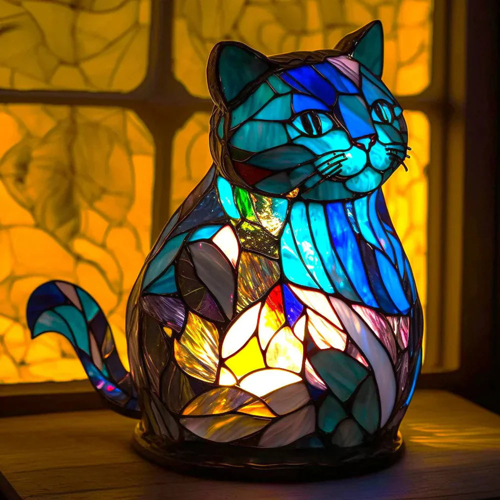 Moktan Sabai Tiffany Style Animal Table Lamp Stained Glass Art Light E26/E12 Decorative Cat