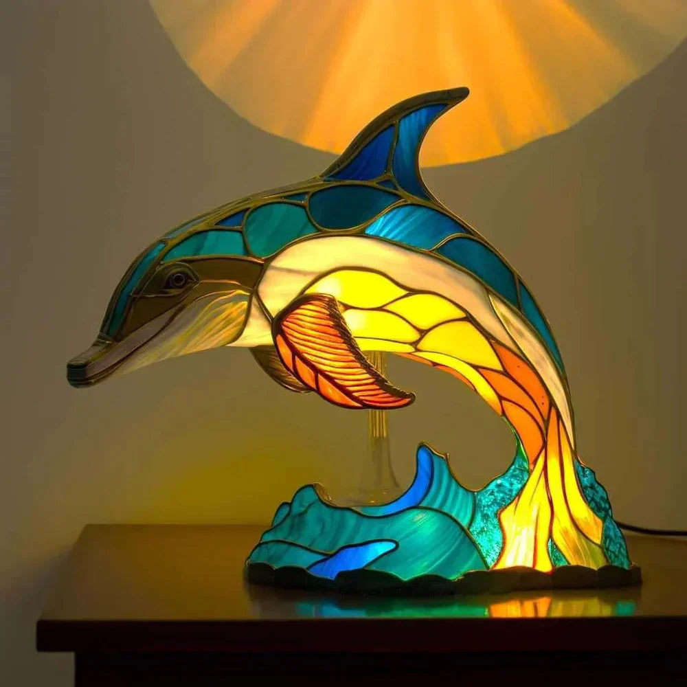 Moktan Sabai Tiffany Style Animal Table Lamp Stained Glass Bedside Light E26/E12 Dolphin