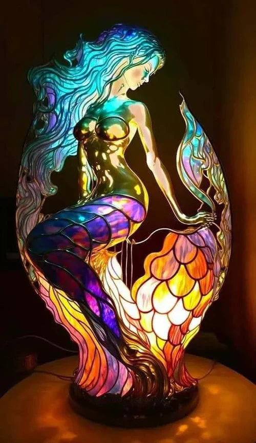 Moktan Sabai Tiffany Style Animal Table Lamp Stained Glass Bedside Light E26/E12 Mermaid