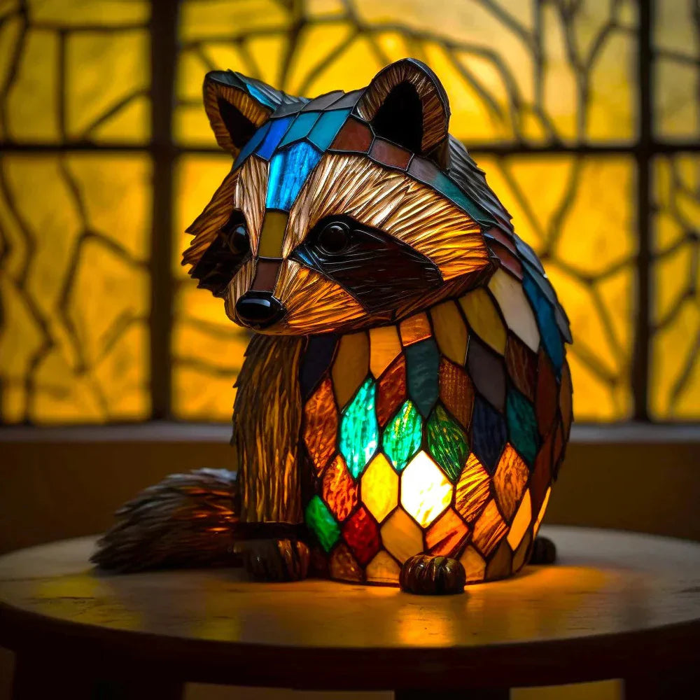 Moktan Sabai Tiffany Style Animal Table Lamp Stained Glass Art Light E26/E12 Decorative Raccoon