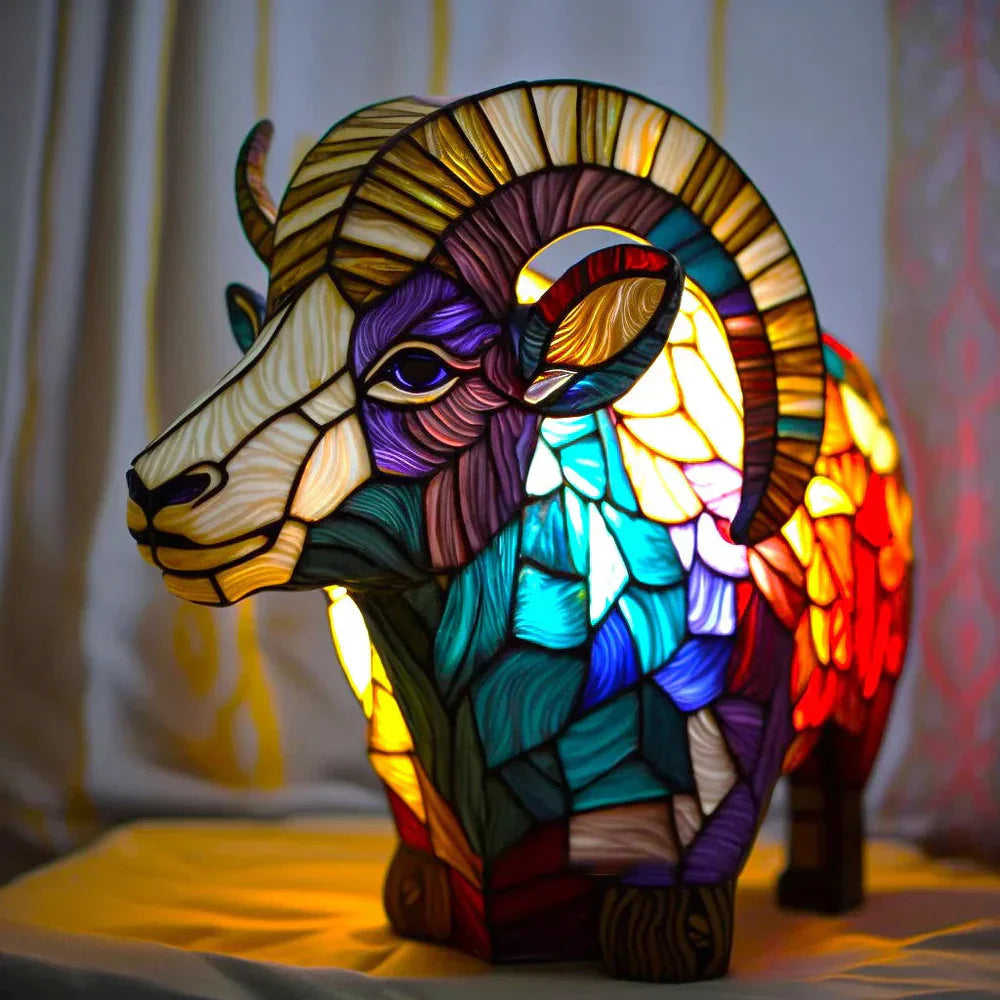 Moktan Sabai Tiffany Style Animal Table Lamp Stained Glass Art Light E26/E12 Decorative Sheep
