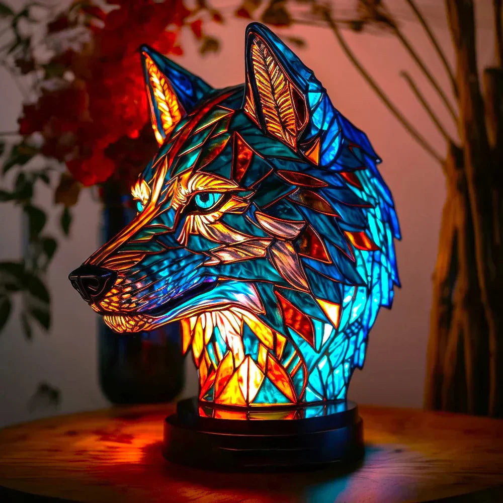 Moktan Sabai Tiffany Style Animal Table Lamp Stained Glass Bedside Light E26/E12 Wolf
