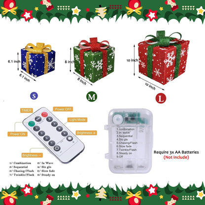 Lighted Christmas Gift Box Set of 3 with LED Lights, Outdoor Indoor Holiday Decor