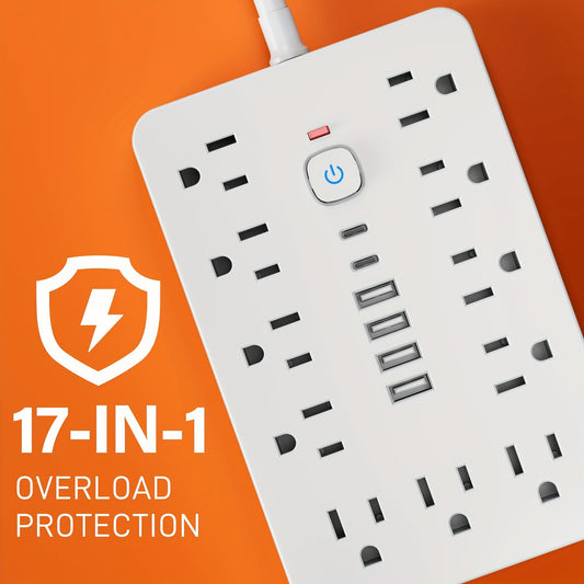 17-in-1 Power Strip Surge Protector – 11 AC Outlets, 4 USB, 2 Type-C, Flat Plug