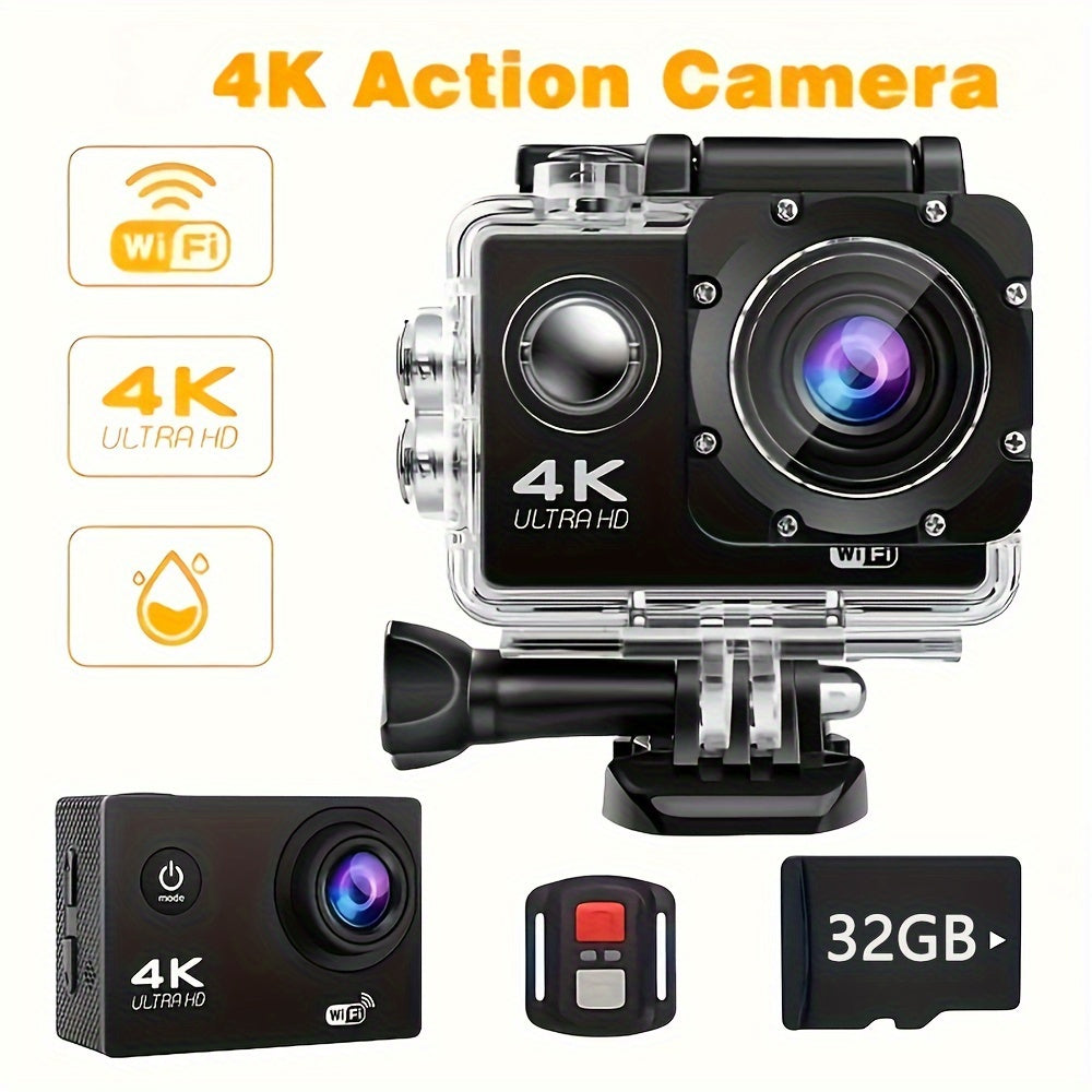 4K Action Camera with 32GB Card – WiFi, 170° Wide Lens, Remote, Helmet Mount