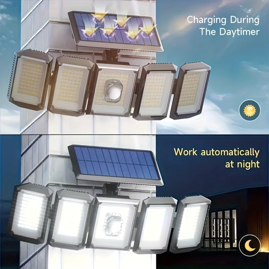 Moktan Sabai Solar Motion Sensor Flood Light – 300 LED, 5-Head, 7000K, Remote, Outdoor Use