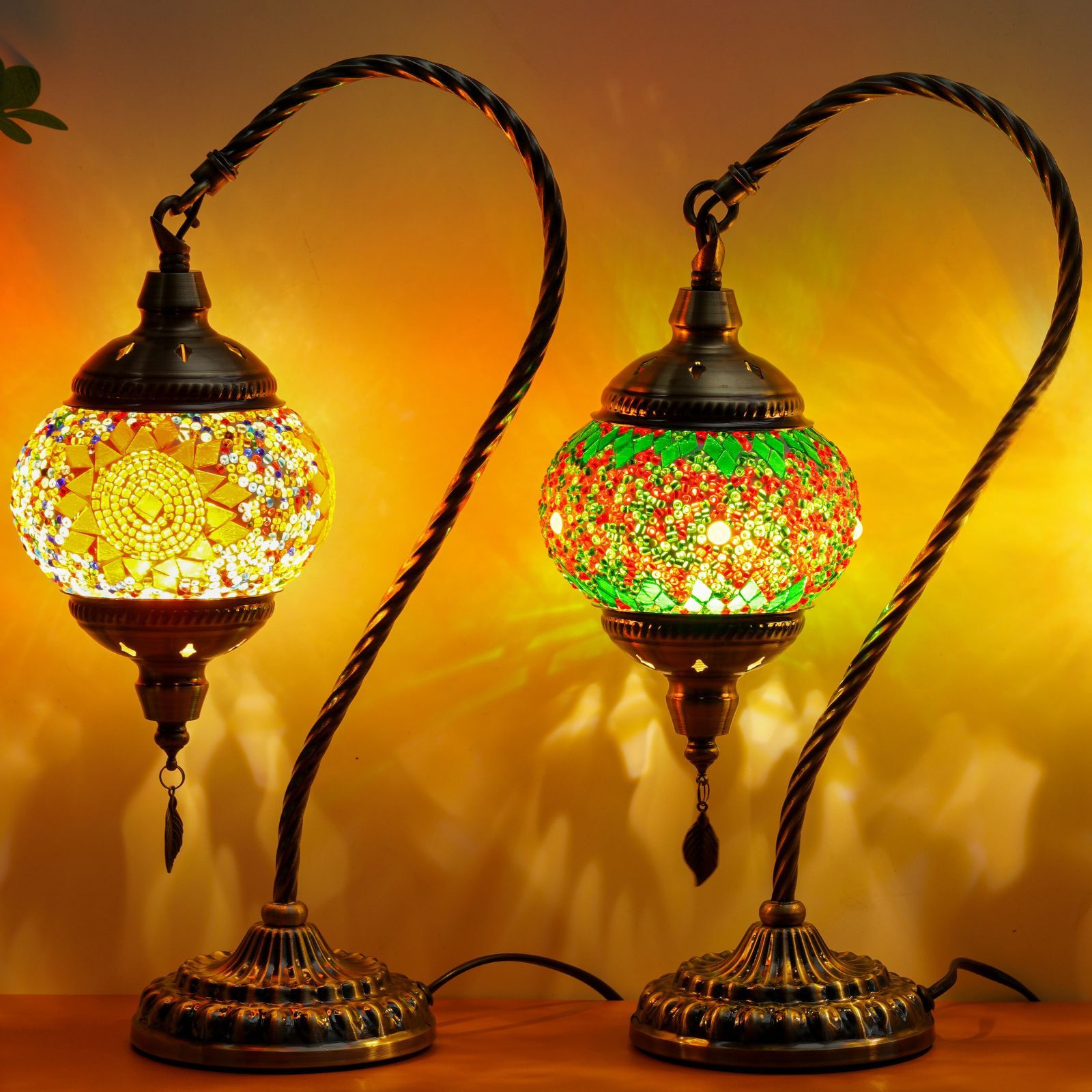 Moktan Sabai Turkish Mosaic Table Lamp – Swan Neck Moroccan Bedside Light with LED Bulb