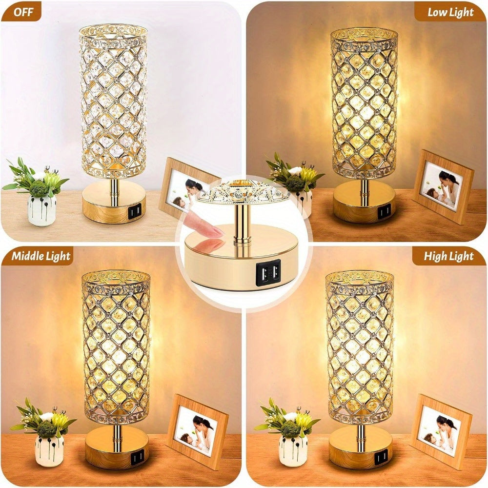 Moktan Sabai Set of 2 Crystal Table Lamps – Touch Control USB Bedside Lights, 3-Way Dimmable