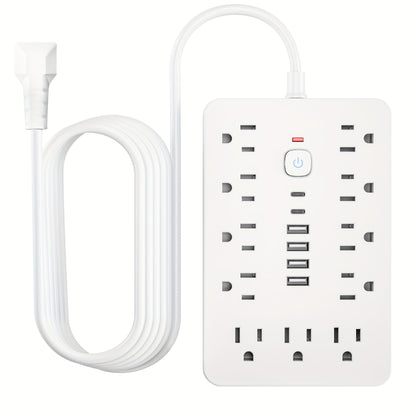 17-in-1 Power Strip Surge Protector – 11 AC Outlets, 4 USB, 2 Type-C, Flat Plug