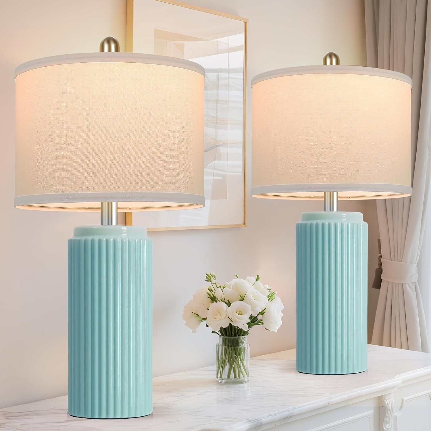 Moktan Sabai Farmhouse Table Lamps Set of 2 – Ceramic Base Bedside Lamps for Bedroom & Living Light Green