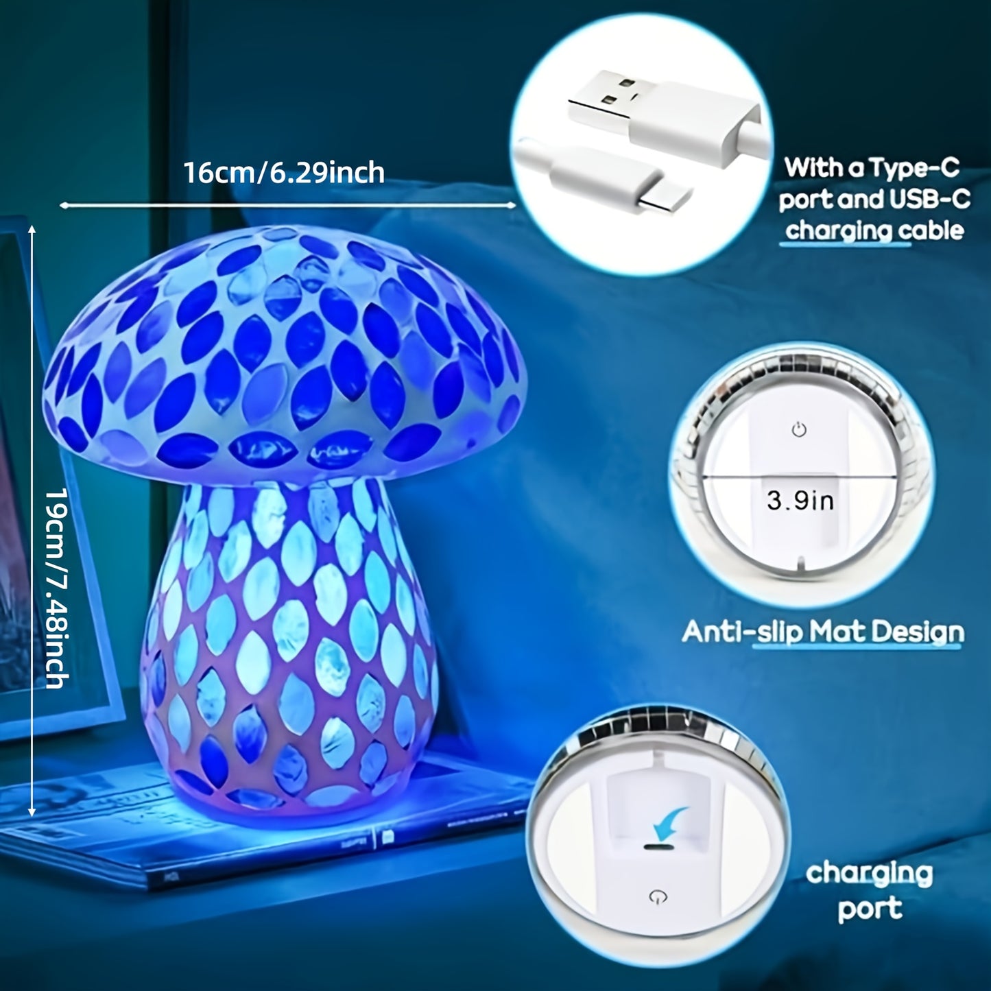 Wireless Mushroom Table Lamp - Touch Control, Rechargeable LED, Cordless