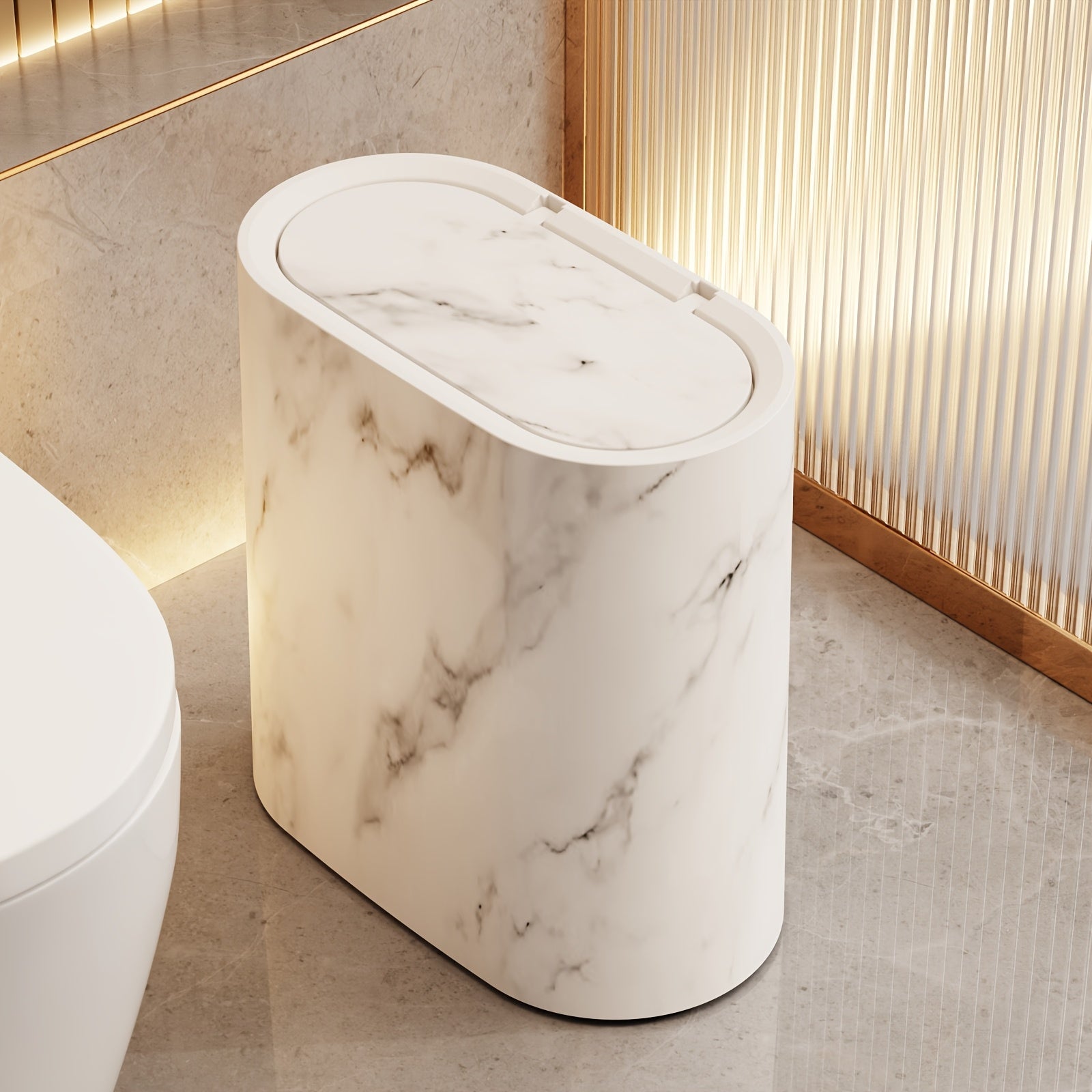 Moktan Sabai Marble Bathroom Trash Can with Lid Oval Small Kitchen Garbage Bin Cream White