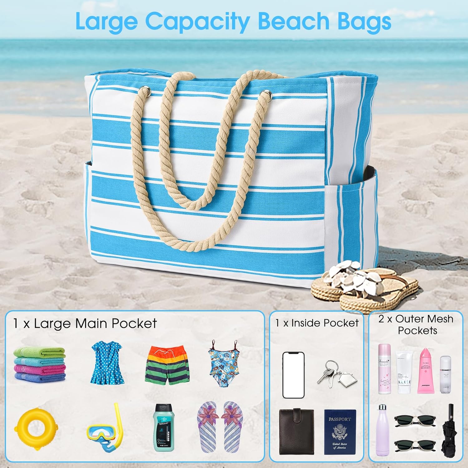 Moktan Sabai Waterproof Oversized Beach Tote Bag 20L Sandproof Zip Travel Carryall