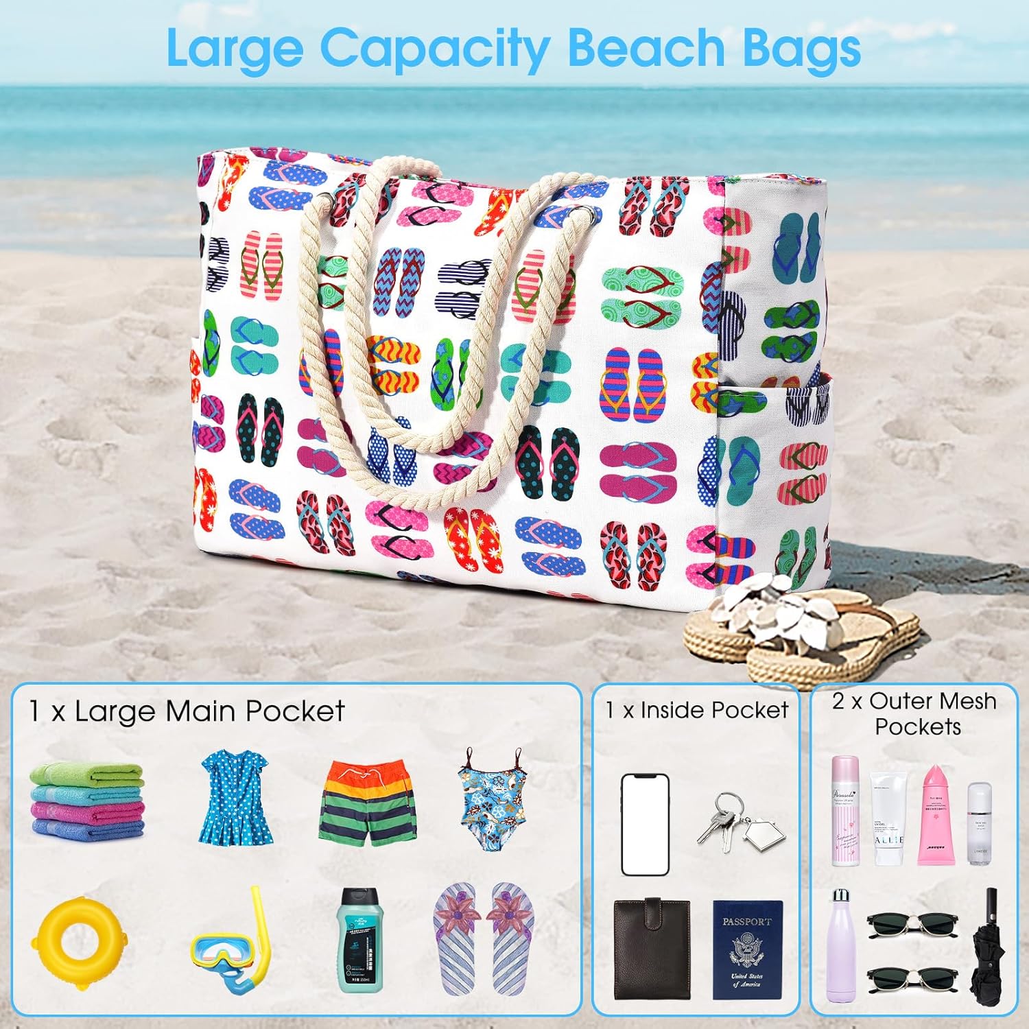 Moktan Sabai Waterproof Oversized Beach Tote Bag 20L Sandproof Zip Travel Carryall