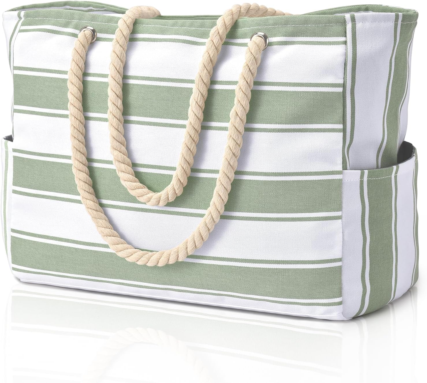 Moktan Sabai Waterproof Oversized Beach Tote Bag 20L Sandproof Zip Travel Carryall Light Green Stripe