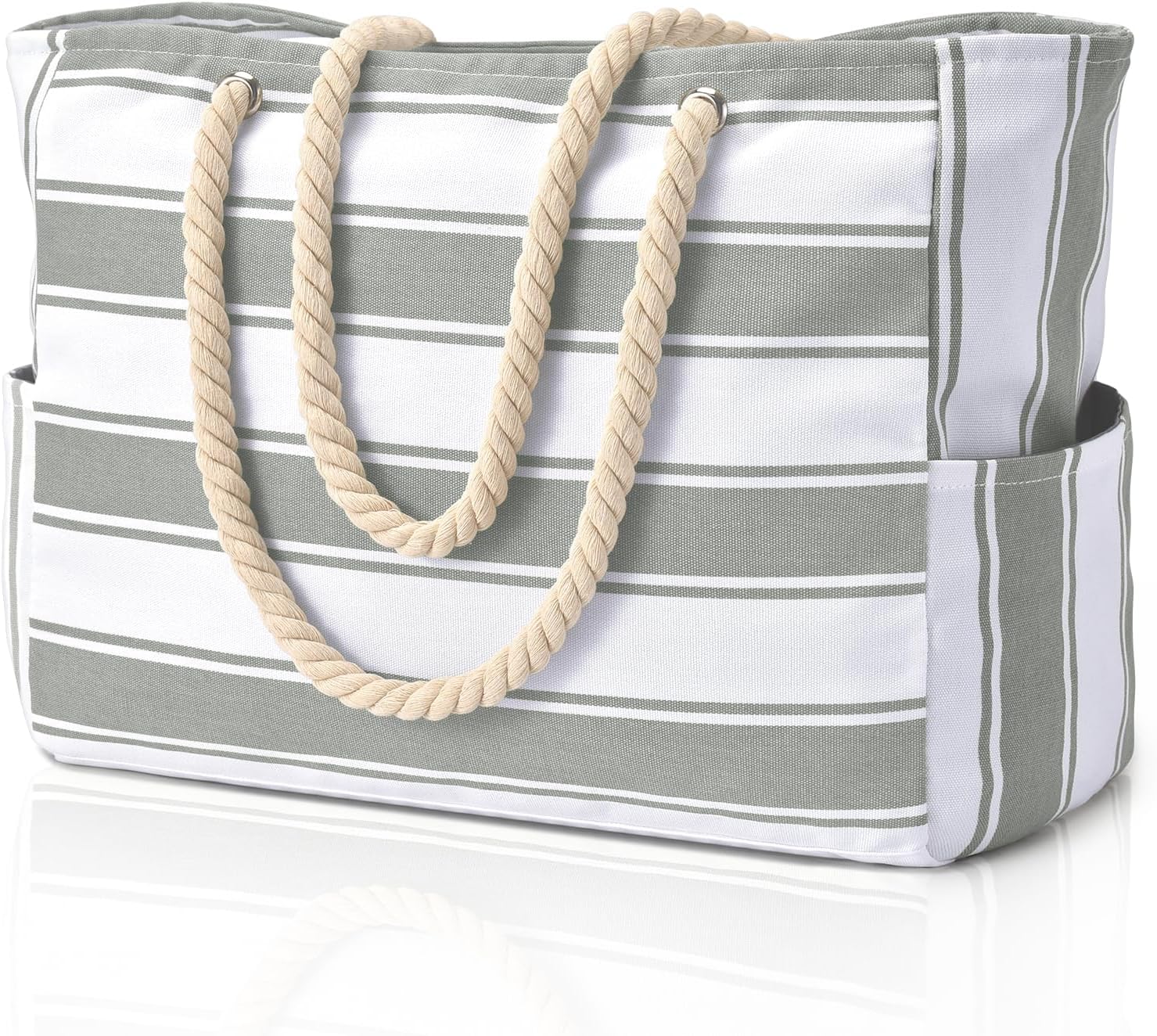 Moktan Sabai Waterproof Oversized Beach Tote Bag 20L Sandproof Zip Travel Carryall Light Grey Stripe