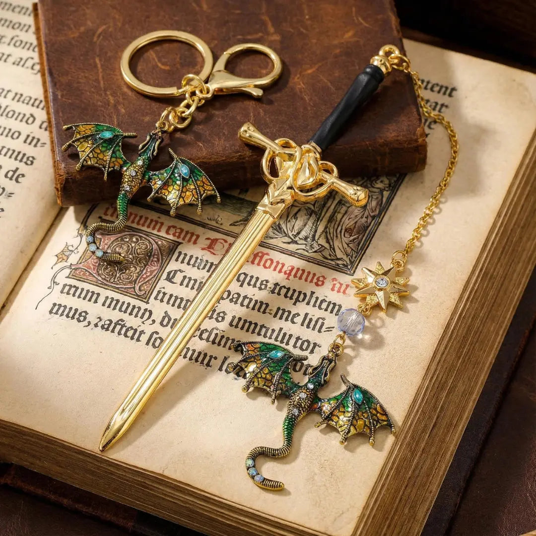 Moktan Sabai Dragon Sword Bookmark Keychain Set | Fantasy Metal Reading Accessory Bundle