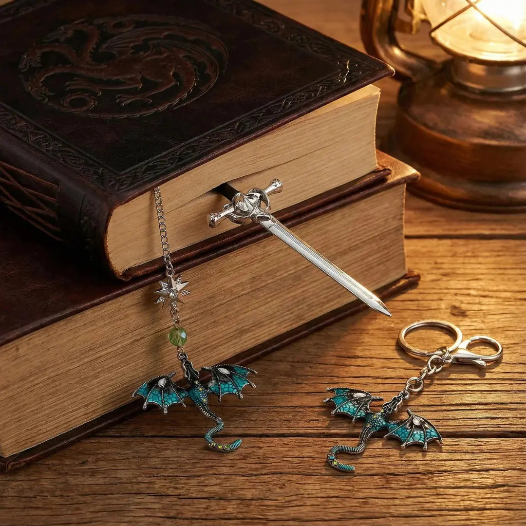 Moktan Sabai Dragon Sword Bookmark Keychain Set | Fantasy Metal Reading Accessory Bundle
