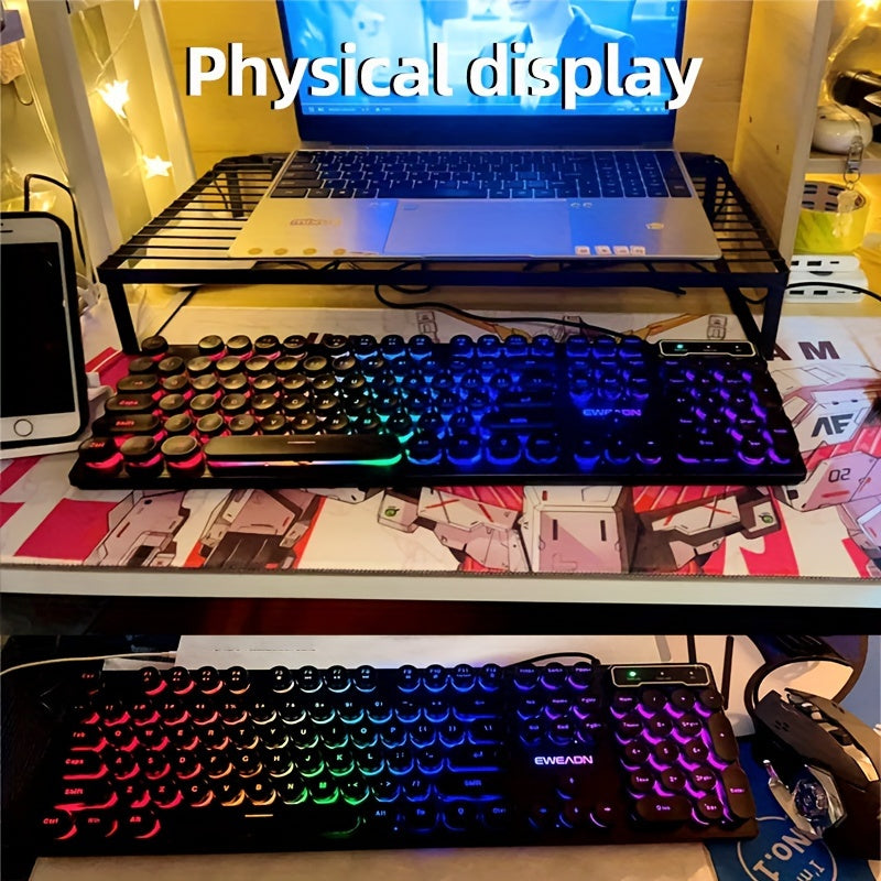 Retro RGB Gaming Keyboard with Round Keycaps, Wired USB Typewriter Keyboard, 104-Key