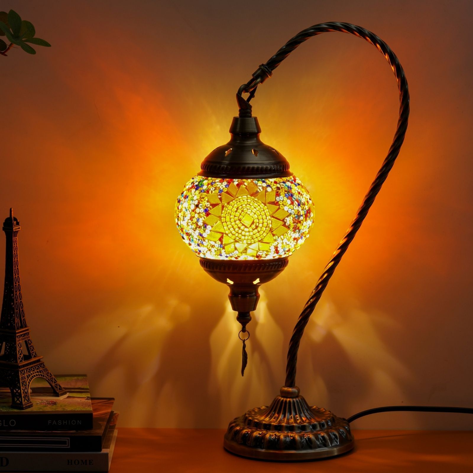 Moktan Sabai Turkish Mosaic Table Lamp – Swan Neck Moroccan Bedside Light with LED Bulb Orange