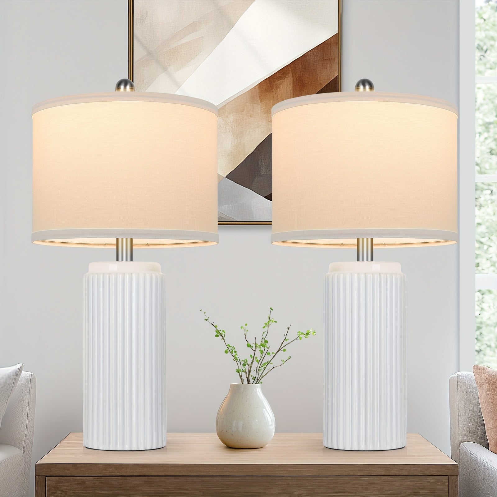 Moktan Sabai Farmhouse Table Lamps Set of 2 – Ceramic Base Bedside Lamps for Bedroom & Living White