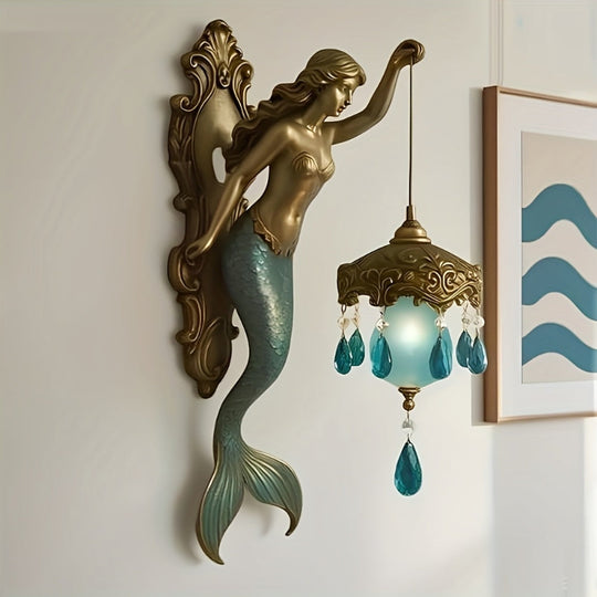 Moktan Sabai Mermaid Wall Sconce – Ocean Theme Crystal Lantern Light for Bedroom & Bathroom 8in