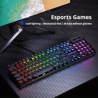 Retro RGB Gaming Keyboard with Round Keycaps, Wired USB Typewriter Keyboard, 104-Key