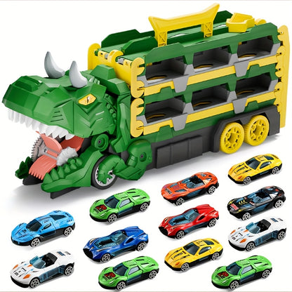 Dinosaur Race Track Car Toy Set for Boys | 12 Cars & Dino Transporter Truck