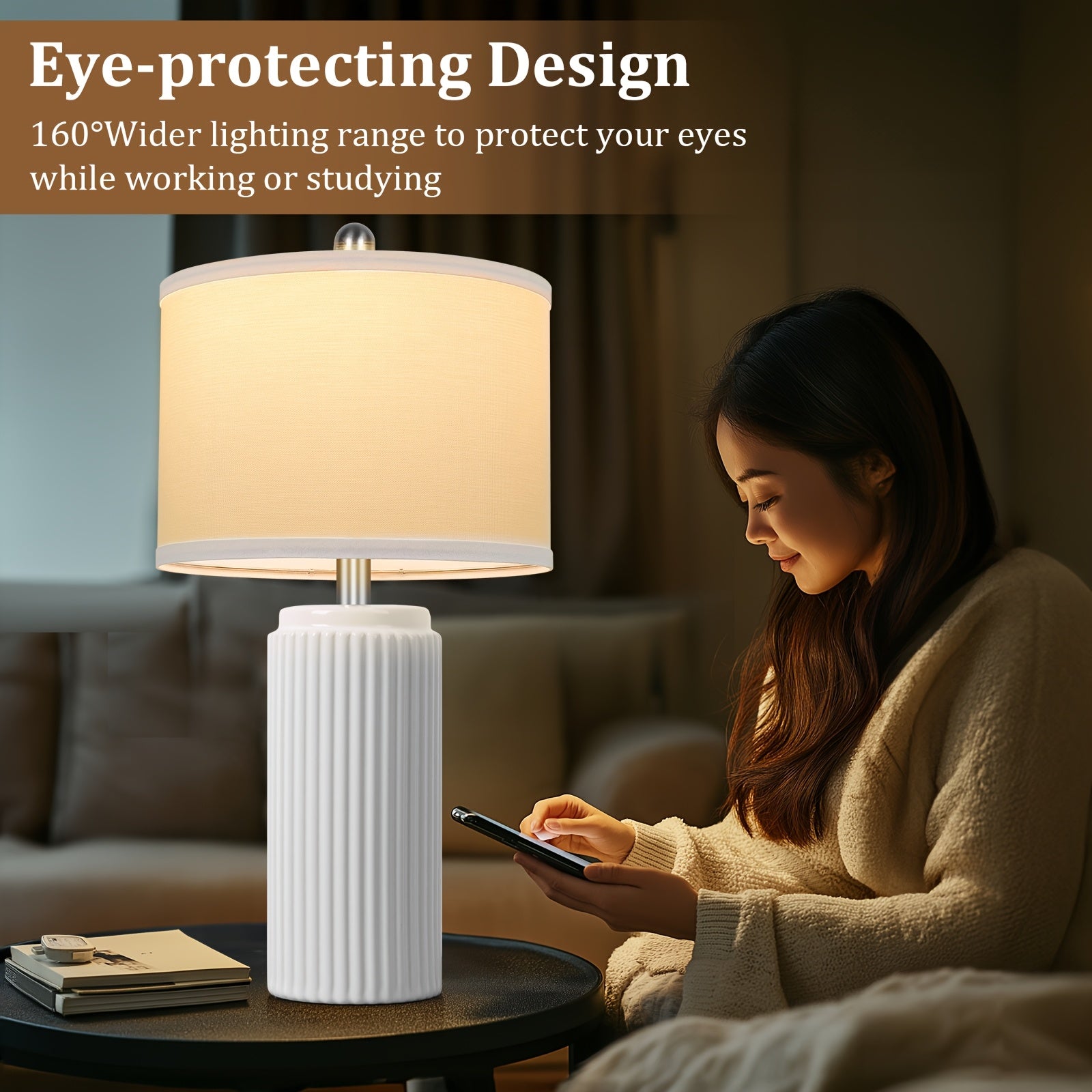 Moktan Sabai Farmhouse Table Lamps Set of 2 – Ceramic Base Bedside Lamps for Bedroom & Living