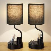Moktan Sabai Set of 2 Bedside Lamps – USB-C+USB-A & Outlet, 3-Color Modern Nightstand Lights Black Lampshade + Black Base