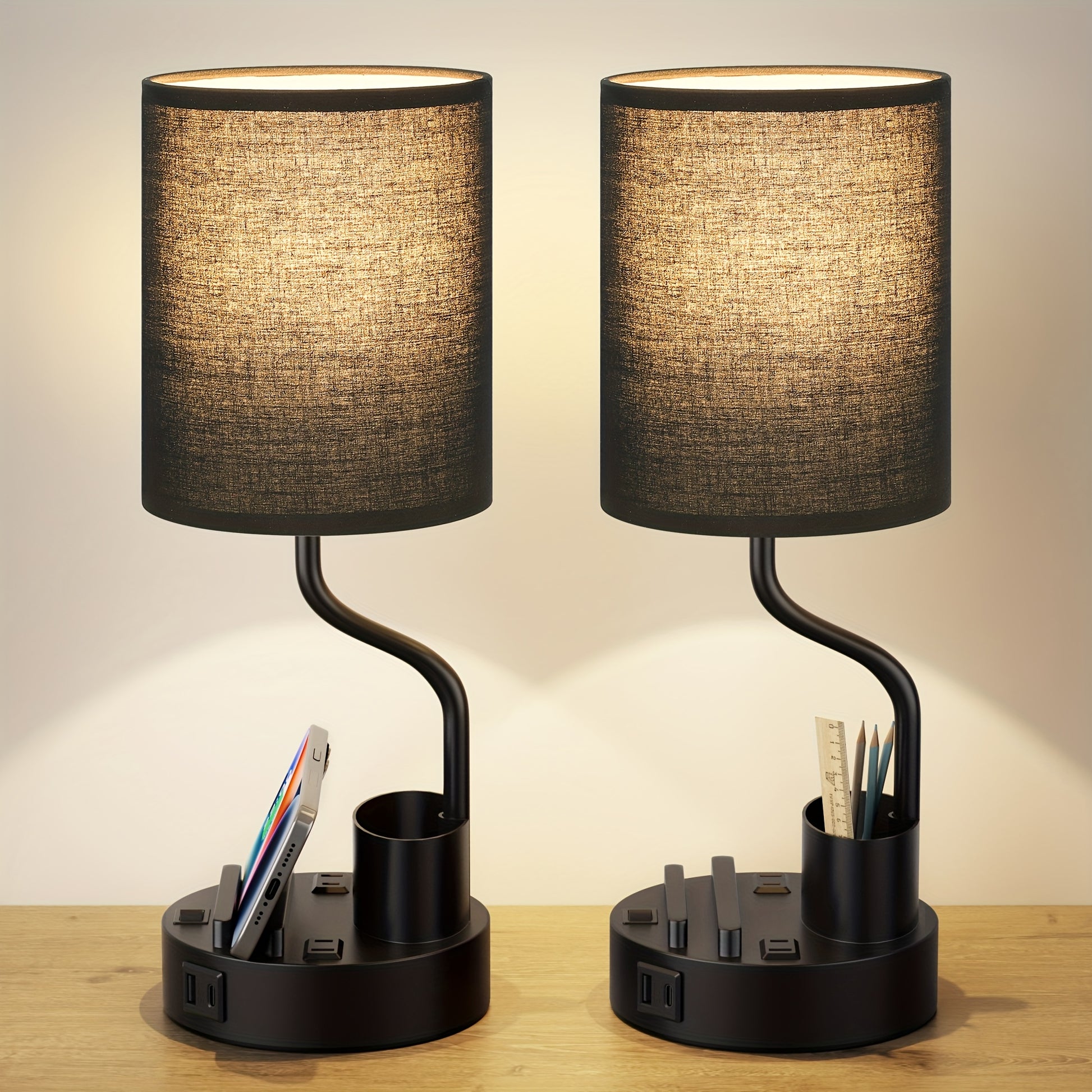 Moktan Sabai Set of 2 Bedside Lamps – USB-C+USB-A & Outlet, 3-Color Modern Nightstand Lights Black Lampshade + Black Base