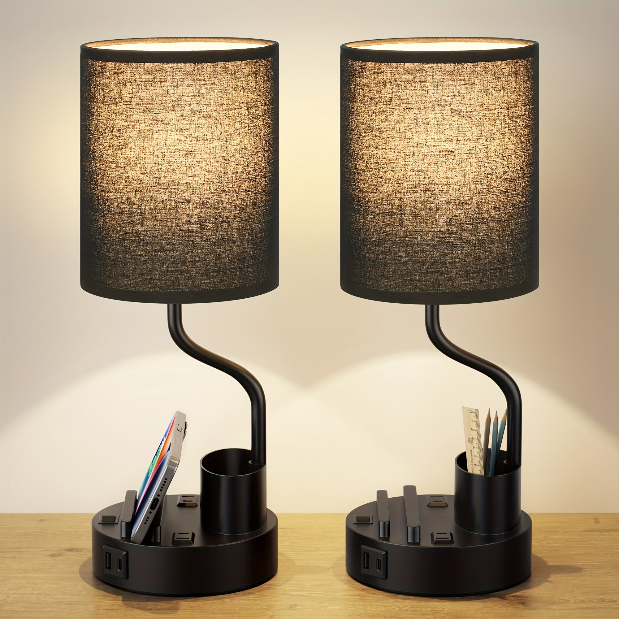 Moktan Sabai Set of 2 Bedside Lamps – USB-C+USB-A & Outlet, 3-Color Modern Nightstand Lights Black Lampshade + Black Base