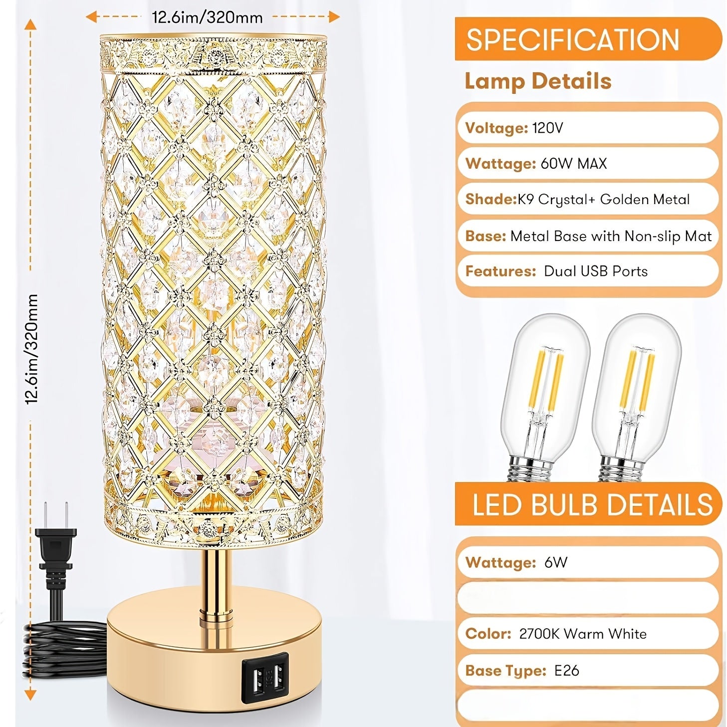 Moktan Sabai Set of 2 Crystal Table Lamps – Touch Control USB Bedside Lights, 3-Way Dimmable