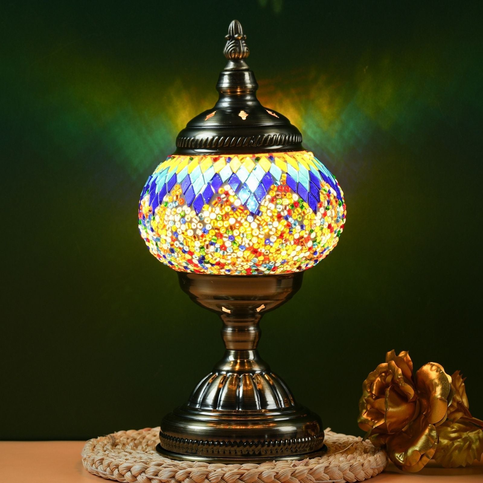 Moktan Sabai Handmade Turkish Mosaic Lamp – Dimmable Glass Pumpkin Night Light for Bedroom Rainbow