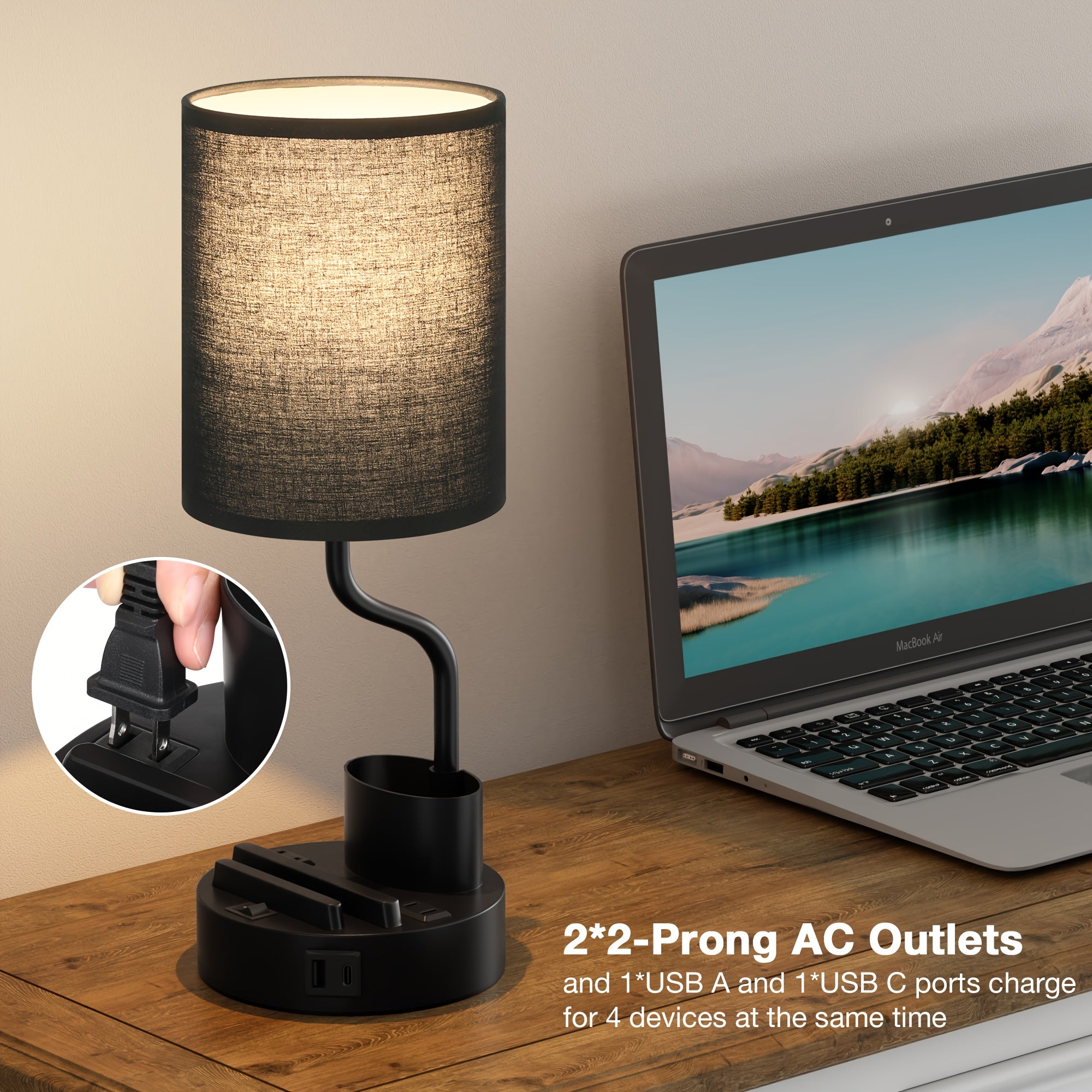 Moktan Sabai Set of 2 Bedside Lamps – USB-C+USB-A & Outlet, 3-Color Modern Nightstand Lights
