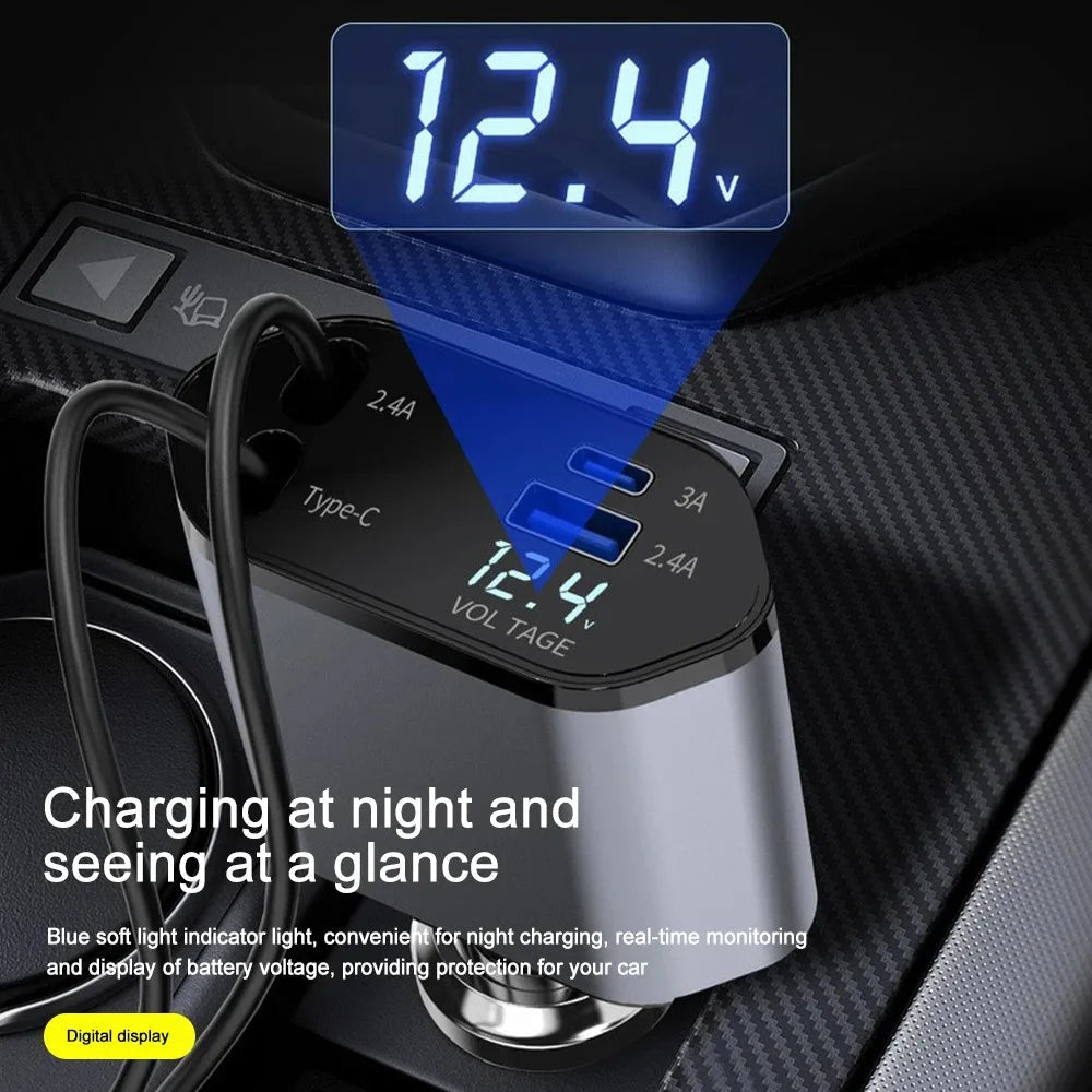 Moktan Sabai 120W Car Charger Retractable Cable USB & USB-C Fast Charging Car Adapter