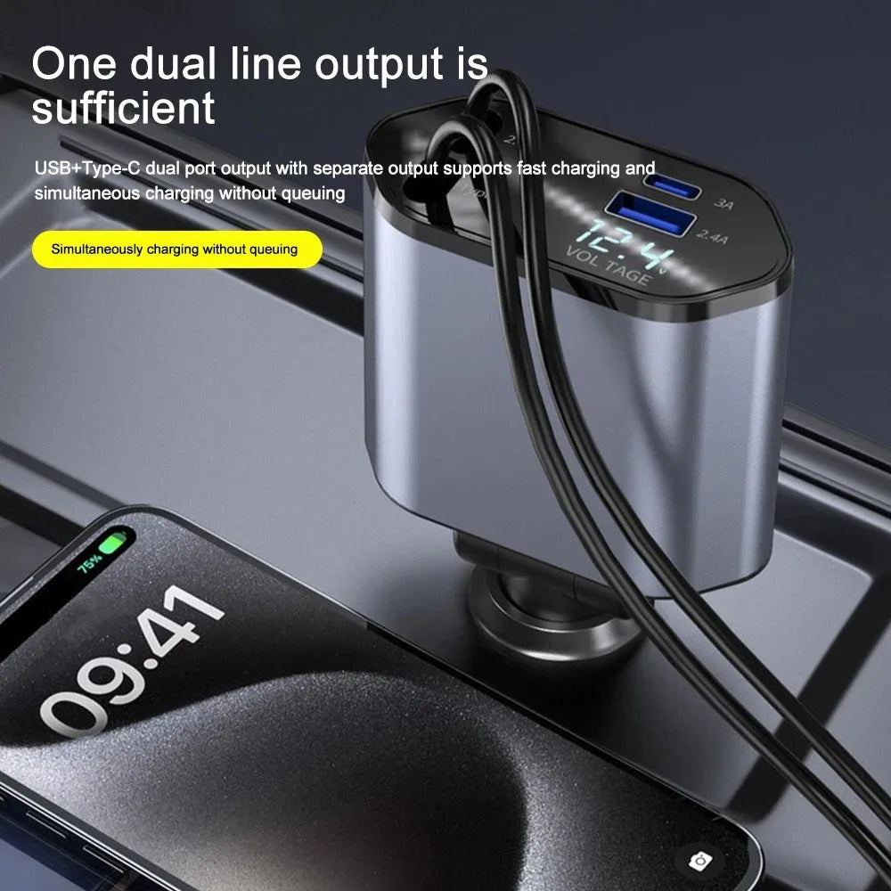 Moktan Sabai 120W Car Charger Retractable Cable USB & USB-C Fast Charging Car Adapter