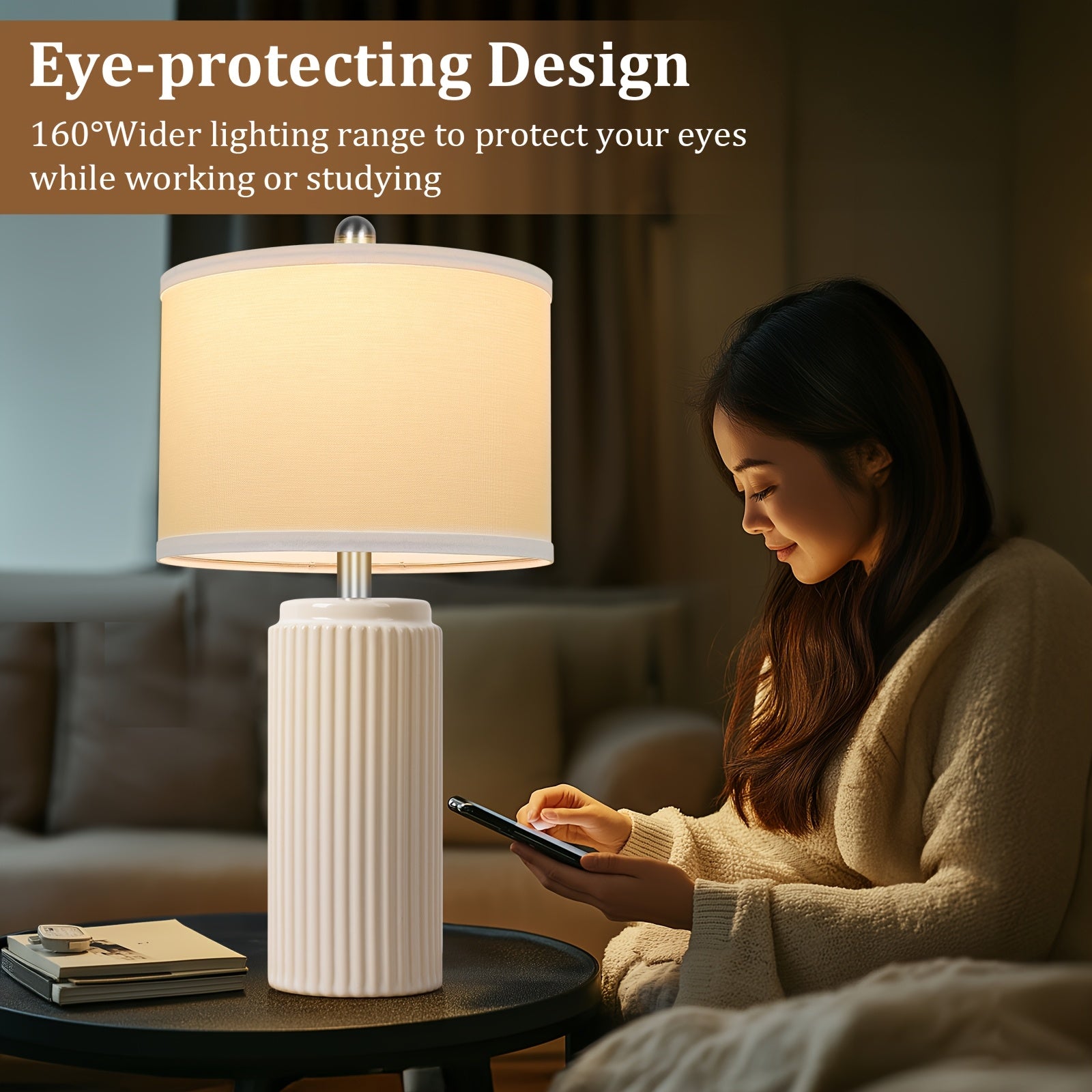 Moktan Sabai Farmhouse Table Lamps Set of 2 – Ceramic Base Bedside Lamps for Bedroom & Living