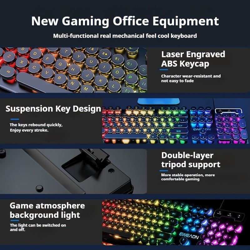 Retro RGB Gaming Keyboard with Round Keycaps, Wired USB Typewriter Keyboard, 104-Key