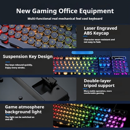 Retro RGB Gaming Keyboard with Round Keycaps, Wired USB Typewriter Keyboard, 104-Key