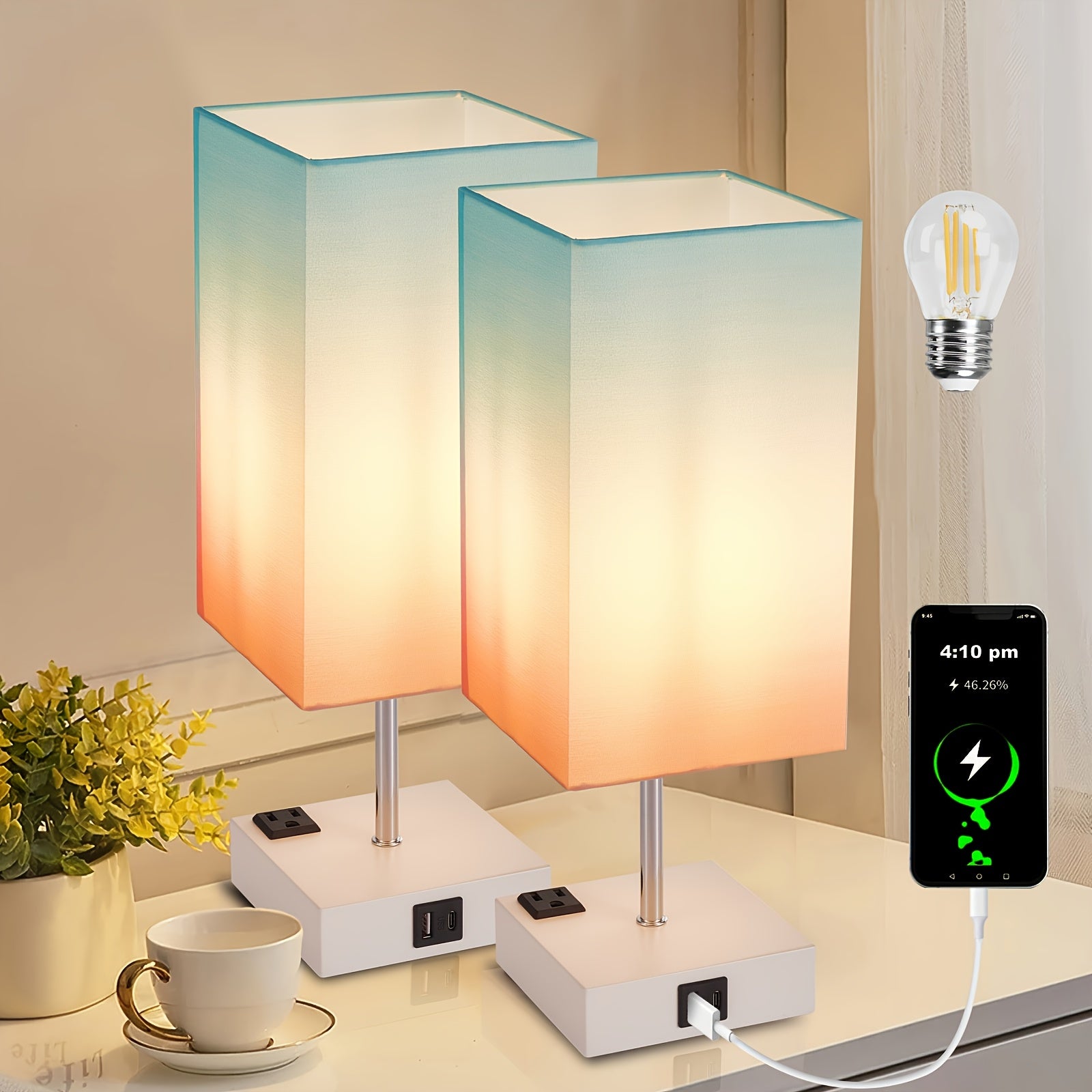 Moktan Sabai LumaTouch | Touch Table Lamp with USB Outlet and Fabric Shade Bedside Decor Green Gradient (2 Packs)
