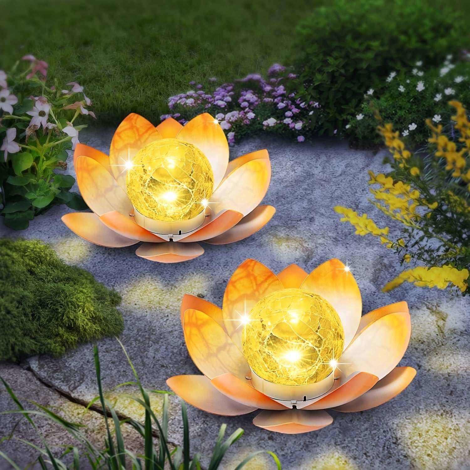 Moktan Sabai Set of 2 Lotus Solar Garden Lights – Waterproof Cracked Glass Outdoor Decor Lamps Pink